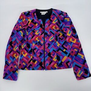 VTG Maggy London Silk Geometric Jacket 80s 90s Watercolor Abstract Zip Sz 6
